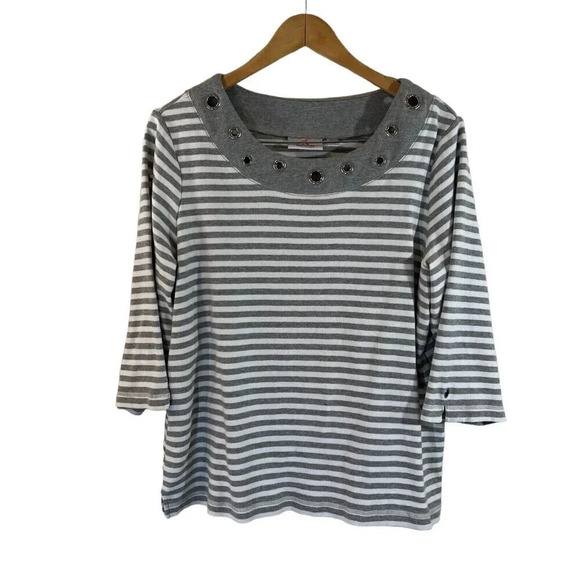 Quacker Factory Blouse XL Rhinestone Cutouts Gray White Striped Boat Neck 3/4 - Picture 1 of 5